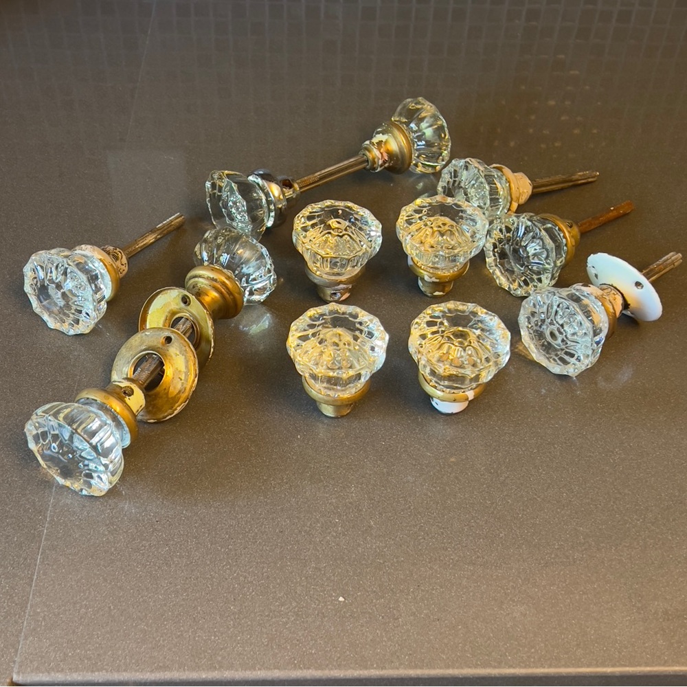 Lot Of Antique Crystal Glass and Brass 12 Point Victorian Door Knobs Etc
